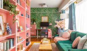 How can leaving one wall free of shelves or frames keep a room from feeling visually overloaded?