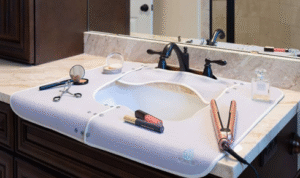 How can placing a small mat in front of the washbasin stop water from constantly wetting the floor?